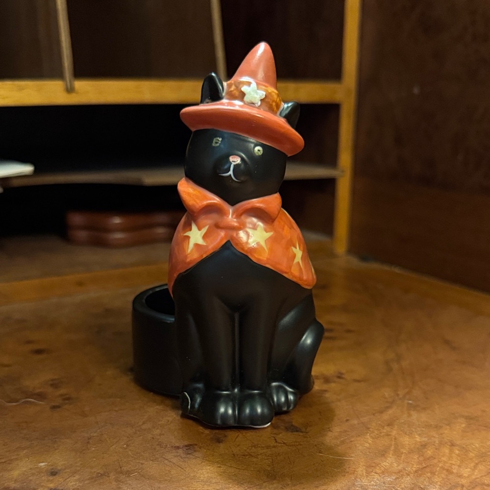 NWT Black Cat Witch candle‎ holder with Orange Hat & Cape